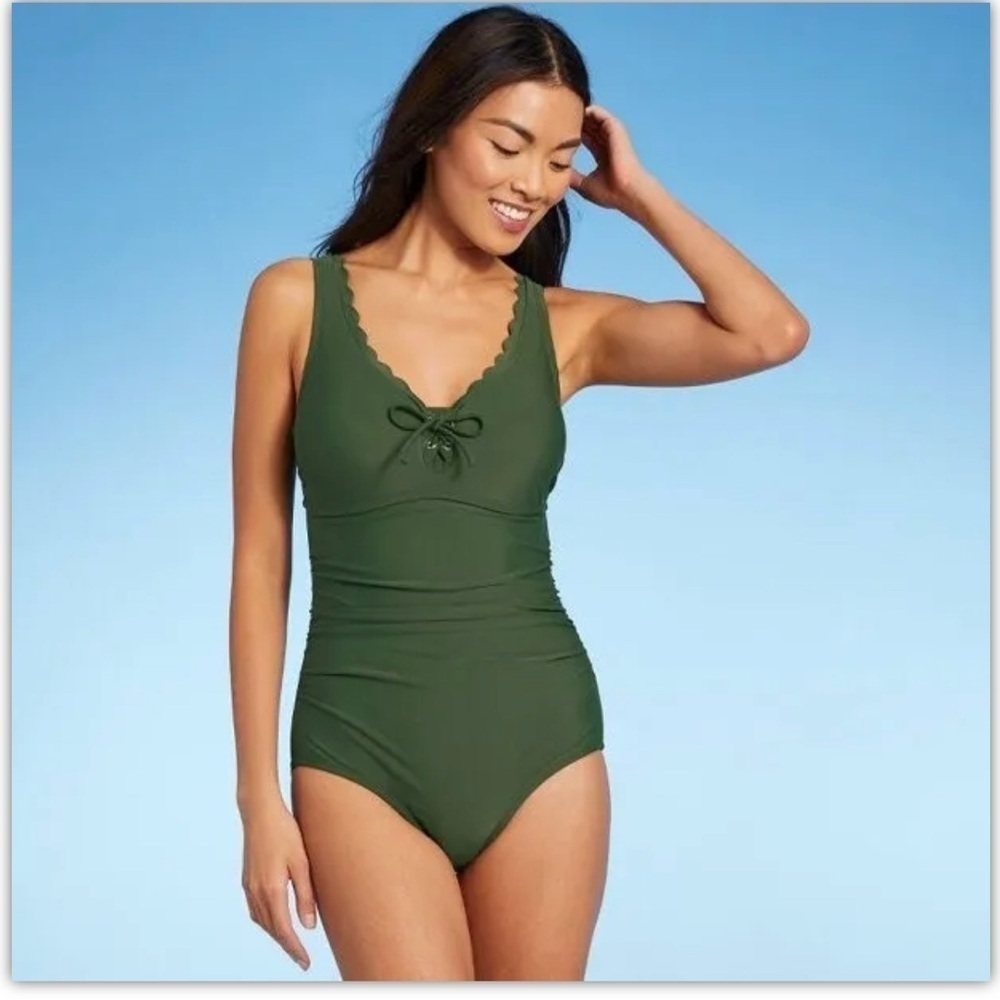 Women's grommet scallop Full Coverage One Piece Swimsuit - Kona Sol green S